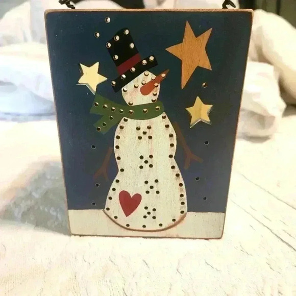 Vintage Wooden Snowman Luminary Tea light Candle Holder Votive 6" Primitive - Picture 1 of 5